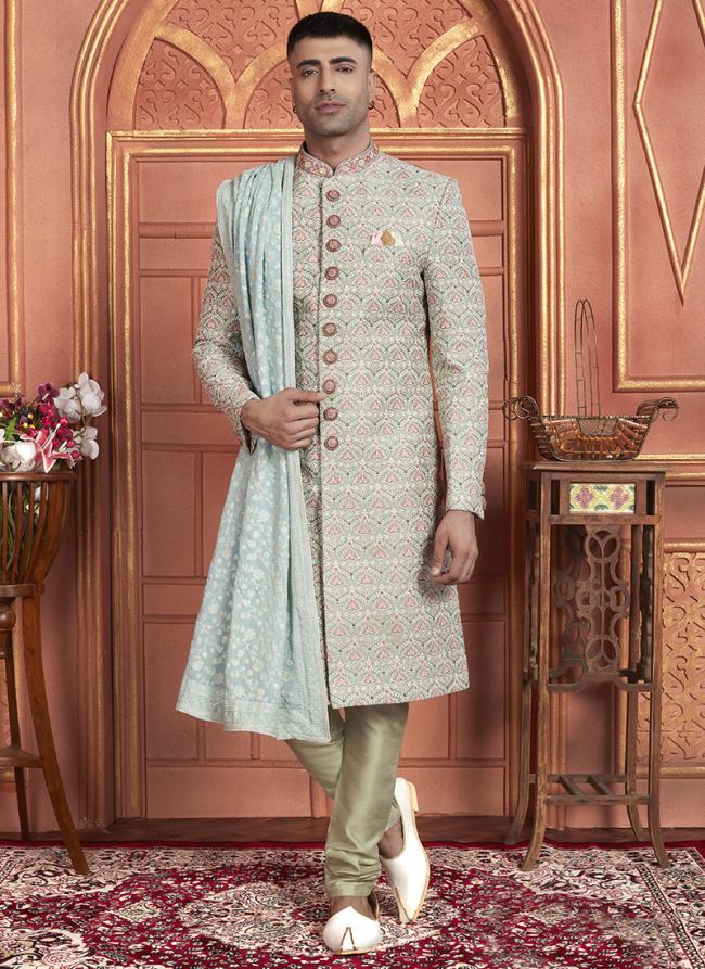 Art Silk Green Wedding Wear Embroidery Work Readymade Groom Sherwani